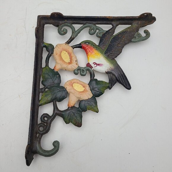 Vintage Cast Iron Painted Cast Iron Hummingbird Shelf Brackets Plant Hanger Bird - Picture 2 of 10